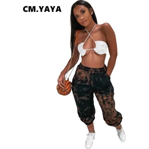 CM.YAYA Women Pants Tie Dye Draw String Mid Waist Loose Straight Pants with Pockets Fashion Casual Trousers Summer Clothing 2021