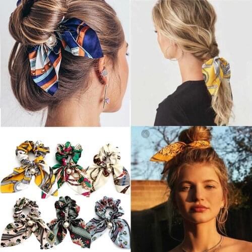 Simulation Pearl Bow Scrunchies For Women Hair Accessories Fashion Elastic Hair Bands Scarf Ribbon Tied Ponytail Holder Headwear
