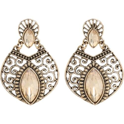 Retro Green Stone Crystal Bridal Earrings For Women Carved Flower Antique Gold Beach Party Drop Earrings Vintage Jewelry