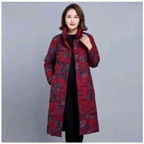Women 2021 Winter Fashion Long White Duck Down Coats Female Middle-aged Printed Jackets Ladies Slim Thin Down Overcoats R285