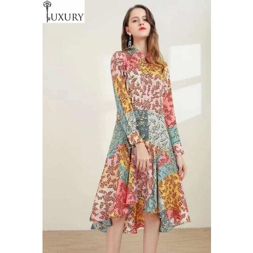 Fashion Style 2020 Newest Spring Summer Women Turn-down Collar Exquisite Print Asymmetrical Sexy Long Shirt Dress Ladies
