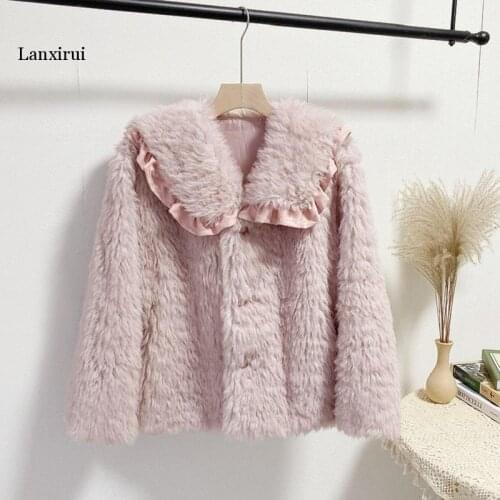 Womens Warm Faux Wool Fur Coat Female Big Laple Navy Style Collar Girls New Warm Fluff Jacket Autumn Winter