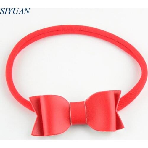 120pcs/lot 12 Color U Pick 8cm Soft Faux PU Leather Hair Bows With Elastic Nylon Headband girls Boutique Headwear FDA219