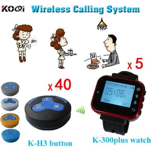 Wireless Sound System Waiter Service Calling System 40pcs Waterproof Press Buttons and 5pcs Smart Waitress Watch Free Shipping