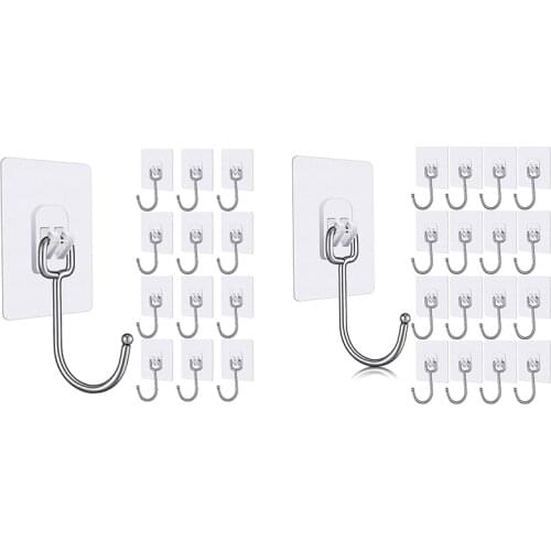 Large Adhesive Hooks Wall Hooks 33 Lb (Max) Transparent Reusable Seamless Stainless Steel Hooks Waterproof