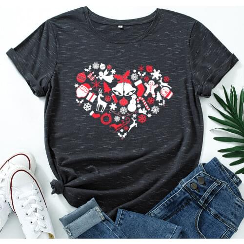 Graphic Tees for Women Cotton Short Sleeve Tee Woman T-Shirts Female Shirt Tops Summer Casual Clothes Love Heart Merry Christmas