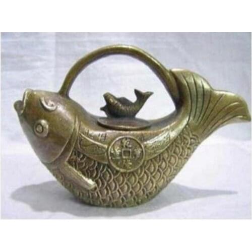 Chinese excellent tibet brass Hand carved fortune-fish Teapot