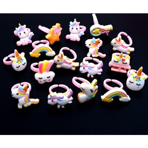 20pc Cartoon Animal rainbow Unicorn Horse Kids Finger girl Rings Favors child Costume Birthday for Baby Party Gifts