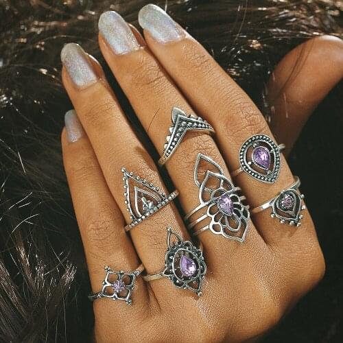 HOCOLE New Hollow Purple Crystal Ring Sets for Womens Punk Vintage Retro Finger Flower Knuckle Midi Rings Party Boho 7 PCS/Set