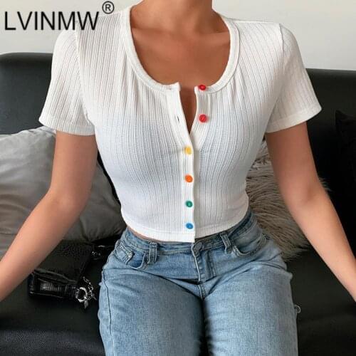 LVINMW Casual Round Neck Short Sleeve Single Breasted White Crop Top 2020 Summer Women Fashion Ribbed Knitted T Shirt Streetwear