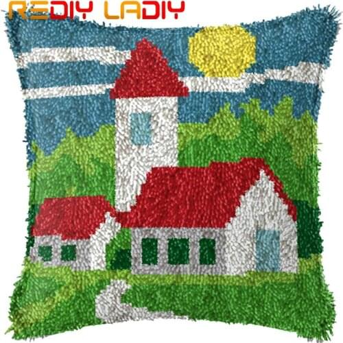 Latch Hook Cushion Country Scenery Pillow Case Printed Color Canvas Acrylic Yarn Latched Hook Pillow Crochet Cushion Cover Kits