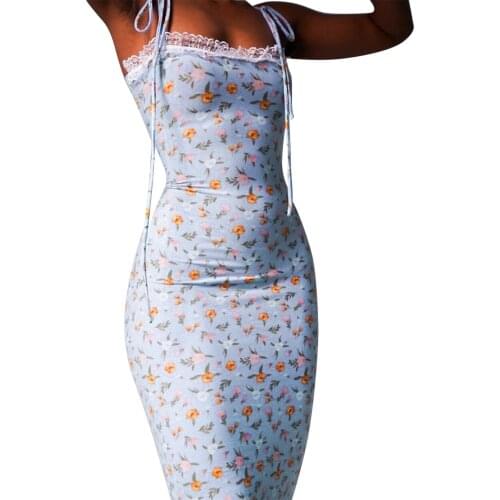 Summer Dress Fashion Floral Printed Tied Lace Trim Sexy Bodycon Dress Sexy Backless Slim Midi Dresses vestidos de mujer Casual