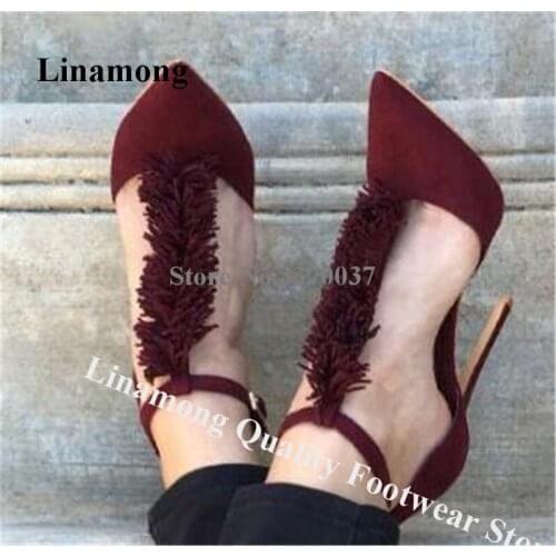 Linamong Chraming Pointed Toe Suede Leather Stiletto Heel Tassaels Pumps T-strap Fringes Wine Red Blue High Heels Dress Shoes
