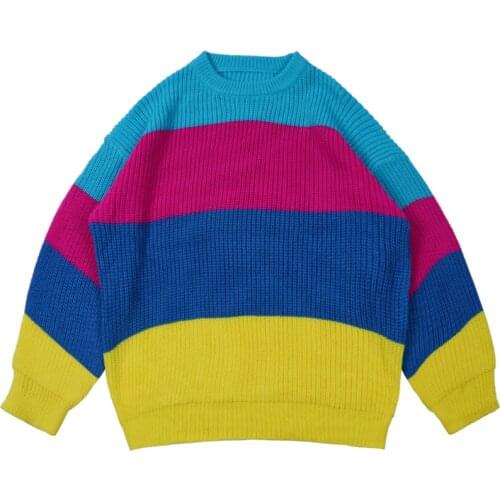 Mens Harajuku Wide Color Stripe Sweaters Winter Unisex Oversized Couple Knitwear Male Casual Loose Vintage 90S Pullover Tops