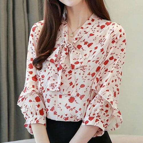 New Fashion 2019 VerAo Mulheres Blusas Luva Dos TrEs Quartos Bow Casual Roupas Femininas Elegante Doce ImpressAo