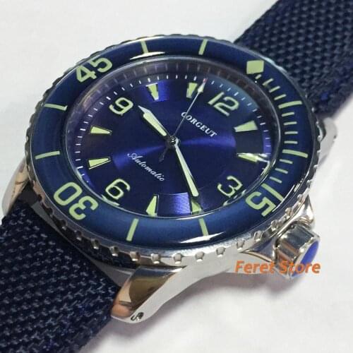 New Corgeut 45mm silver steel case luminous blue dial blue bezel luxury leather strap automatic mens mechanical wrist watch