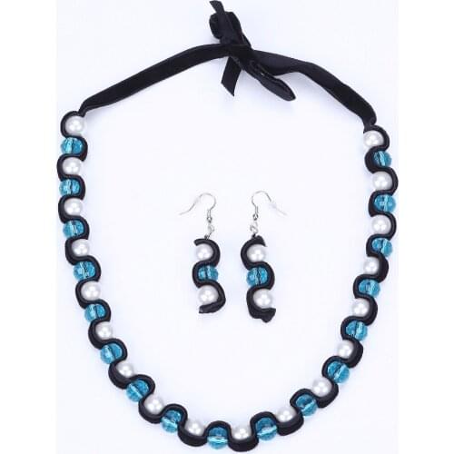 Charm leather glass&crystal bead chocker necklace and drop earrings jewellery sets women jewelry sets