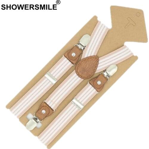 SHOWERSMILE Braces For Children Suspenders Strap Pink Stripe Leather Pants Strap Clips Tuxedo Suspensors For Boys Girls Tirantes