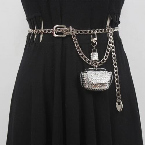 Adjustable Waist Chain belt With mini bag For Earphone Money Full Rhinestone Waist Packs Punk Female Metal Alloy Waist Belt 2021