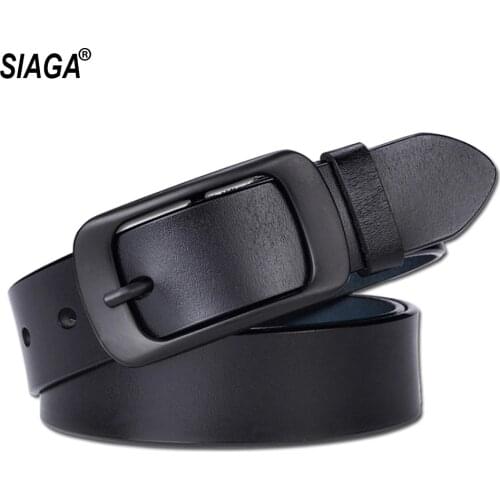 Womens Belt Simple Black Buckle Metal Genuine Leather Real Cowskin Belts for Women Leisure Decorative Jeans FCO068