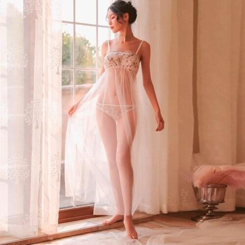 Sexy mousse nightdress for woman mesh temptation lingerie tube embroidered open back strap nightwear lingerie sleepwear sloth