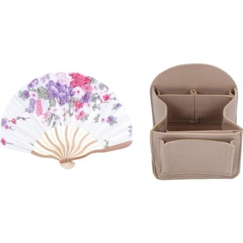 Bamboo Flower Printed Japanese Style Foldable Hand Held Fan with Felt Backpack Insert Organizer Storage Bag(Dark Khaki)