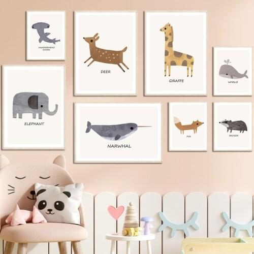 Elephant Whale Giraffe Fox Honey Badger Deer Wall Art Canvas Painting Nordic Posters And Prints Wall Pictures Kids Room Decor