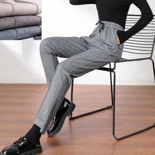 Thickened Herringbone Woolen Trousers Women 2021 New Autumn Winter Casual Harem Pants Female High-waist Straight Casual Trousers
