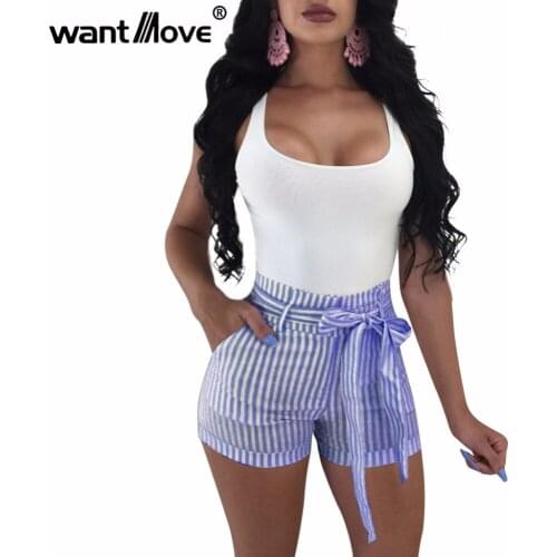 Wantmove 2018 Summer Fashion Sexy Shorts Women High Waist Pockets Short Pants Women Striped Casual Tie Bow Shorts JZ382