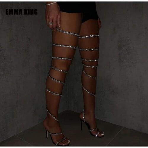 2021 Thin High Heels Strap Night Club Sandals Sexy Women Summer Sandals Crystal Decorl Over Knee Sandals Boots For Women