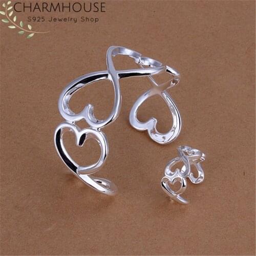 Charmhouse Silver 925 Jewelry Sets For Women Heart Ring Bangle Bracelet 2 pcs Costume Jewelery Set Accessories Decorations