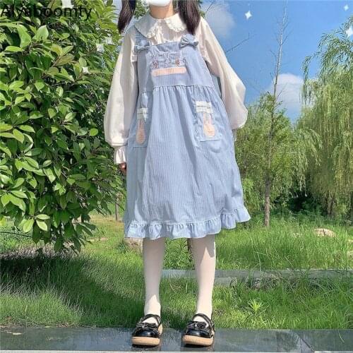 Japanese Lolita Style Women Blue Sundress Suspenders Loose Embroidery Bunny Pockets Sleeveless Dress Cute Kawaii Ruffles Dress