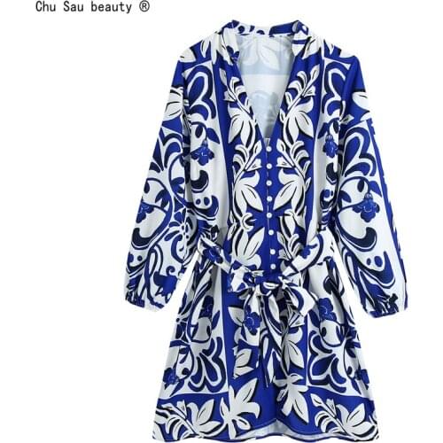 2021 Autumn New Vintage V-Neck Long-Sleeve Printing Fashion Women Blue And White Porcelain Dress Casual Vestido Sashes