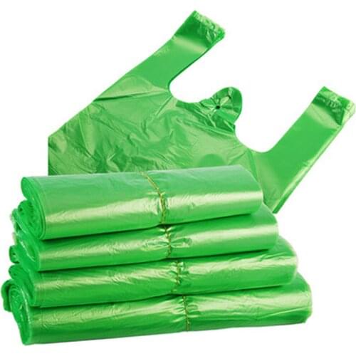 100pcs/pack Green Plastic Bag Supermarket Carry Out Bag Disposable Vest Bag with Handle Kitchen Living Room Clean Food Packaging