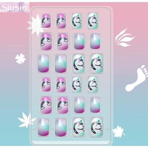 24pcs Children Fake Nails Glitter Gradient Rainbow Star Unicorn Short Artificial False Nails Tips Lovely Gift for Girl Nails Art