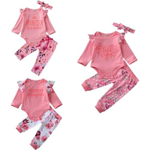 0-18M Valentines Day LOVE YOU Infant Baby Girls Kids Fly Sleeves + Flower Trousers + Headband 3PCS