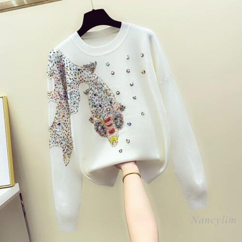 Beads Rhinestones Sweater for Women 2021 New Spring Autumn Knitwear Pulloves Lady Short Jumper Pull Femme Nancylim