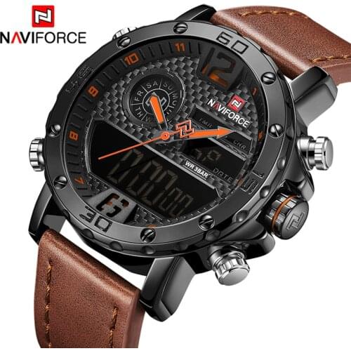 NAVIFORCE Mens Watches Dual Display Male Leather Sport Watches Mens Quartz LED Digital Clock Waterproof Military WristWatch