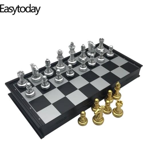 Easytoday Plastic Chess Game Set Folding Chessboard Magnetic Gold and Silver Color Chess Pieces Standard Competition Supplies