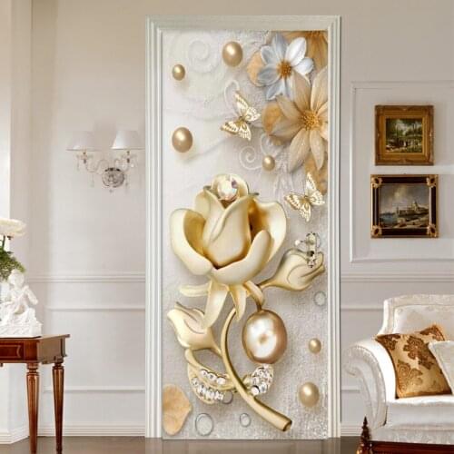 European Style Golden Jewelry Flowers Door Sticker Living Room Bedroom Home Decor Wallpaper PVC Waterproof Wall Stickers Murals