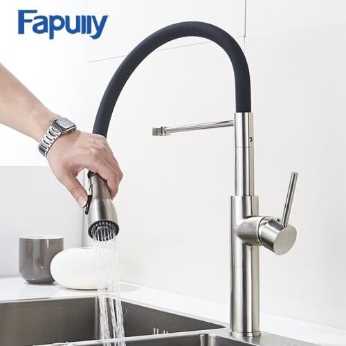 Fapully Brushed Nickel Kitchen Faucet 100% Solid Brass Single Handle Mixer Sink Tap 360 Degrees Swivel Black Kitchen Tap 301-33N