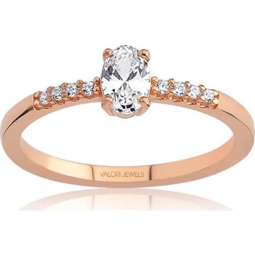 Valori Jewels 0.40 Carat, Zirconia White Oval Gemstone, Rose Gold Plated, Sterling Silver Solitaire Ring