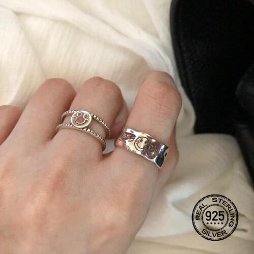 925 Sterling Silver Rings For Women Opening Adjustable Glossy Fold Smiley Letters Retro Design Fashion Men Girl Jewelry INEFFA