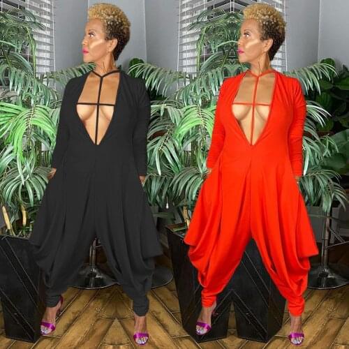 Sexy Deep V Neck Black Red Rompers Womens Jumpsuit Fashion Streetwear Long Sleeve Harem Pants Slim Body Jumpsuit Overalls