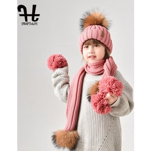 FURTALK Kids Winter Warm Chunky Thick Knit Beanie Hats and Scarves Real Fur Pompom Hat Scarf Set for Child Ages 2-10