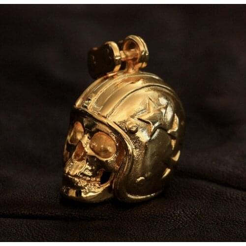 LINSION Motorcycle Helmet Skull Pendant Gold Plated Brass Mens Biker Rock Punk Jewellery GP19 JP