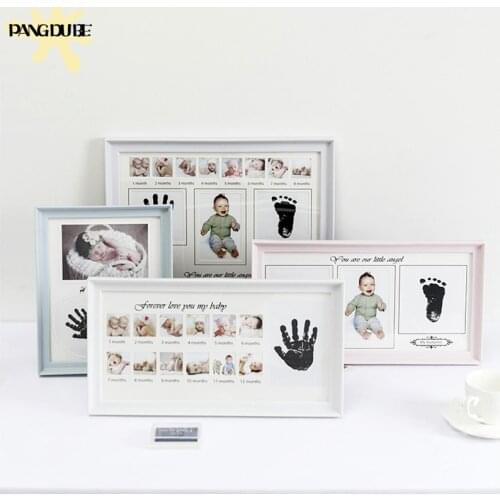 Cute Baby Photo frame DIY handprint or footprint 12 Months Photo Frame Baby Boy Girl My 1 One Year White Blue Pink Craft ink