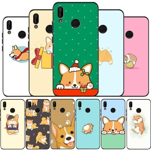 Cartoon Cute Corgi Dog black Silicone soft Phone Case for huawei P40 P30 P20 P10 Pro P9 Lite Psmart 2019 Y6 Y9 cover