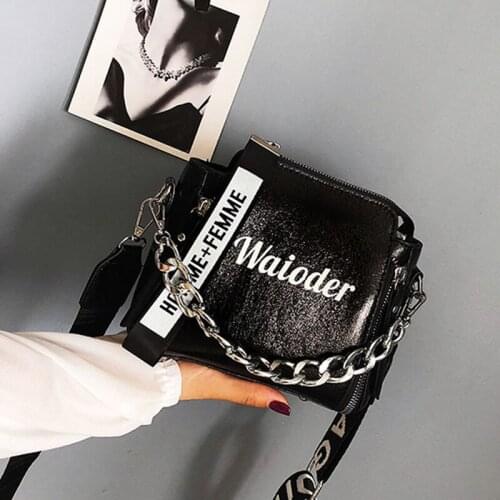 Fashion Laser Chians Shoulder Bag Women PU Leather Crossbody Bag Exquisite Letter Messenger Bag Wide Strap Handbag Casual Pouch