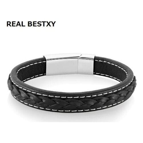 REAL BESTXY Mens Stainless Steel Leather Bracelet Braided Wrist Mesh Buckle Black